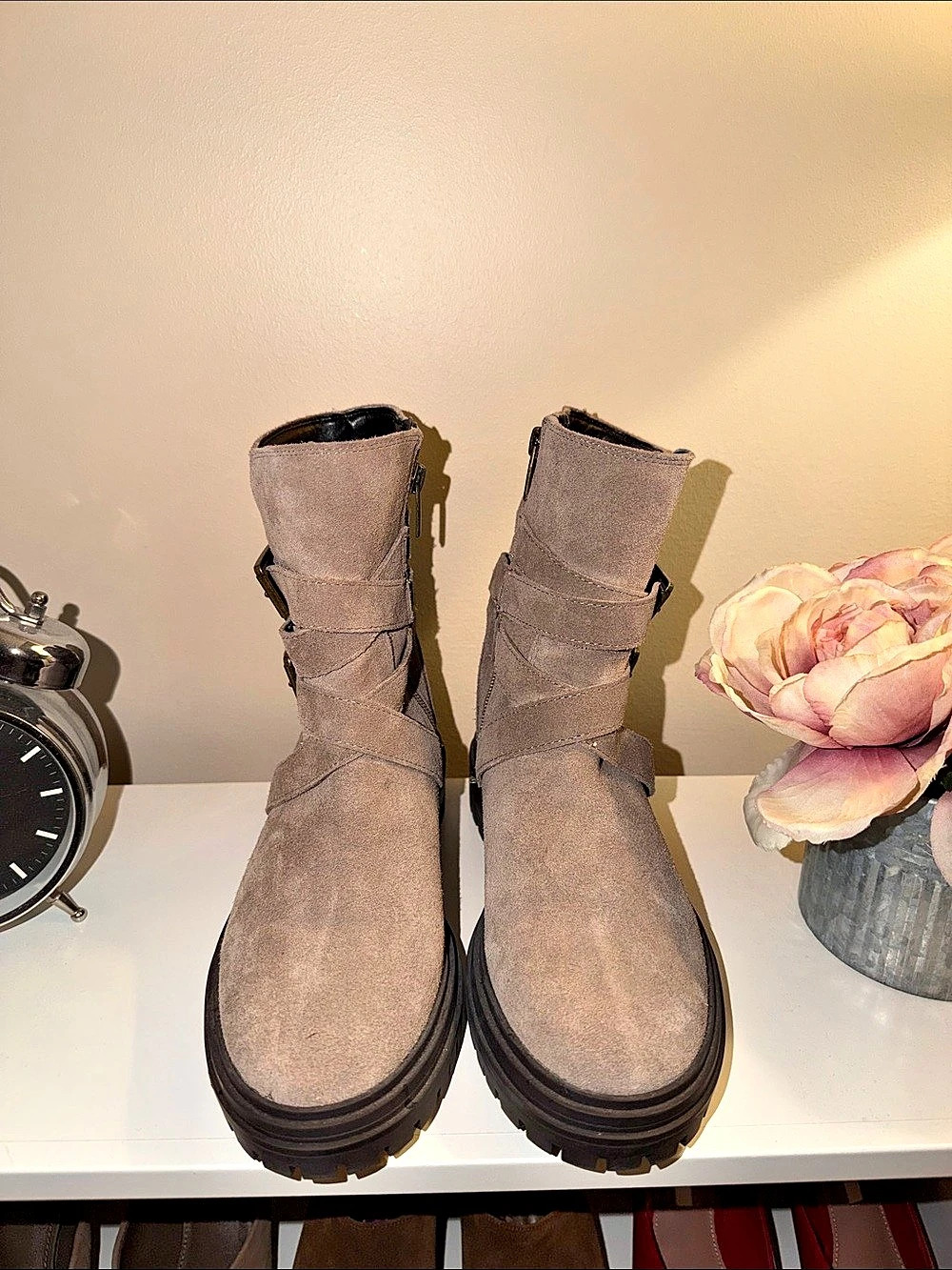 Women's Buckle Combat Boots in Taupe Like New